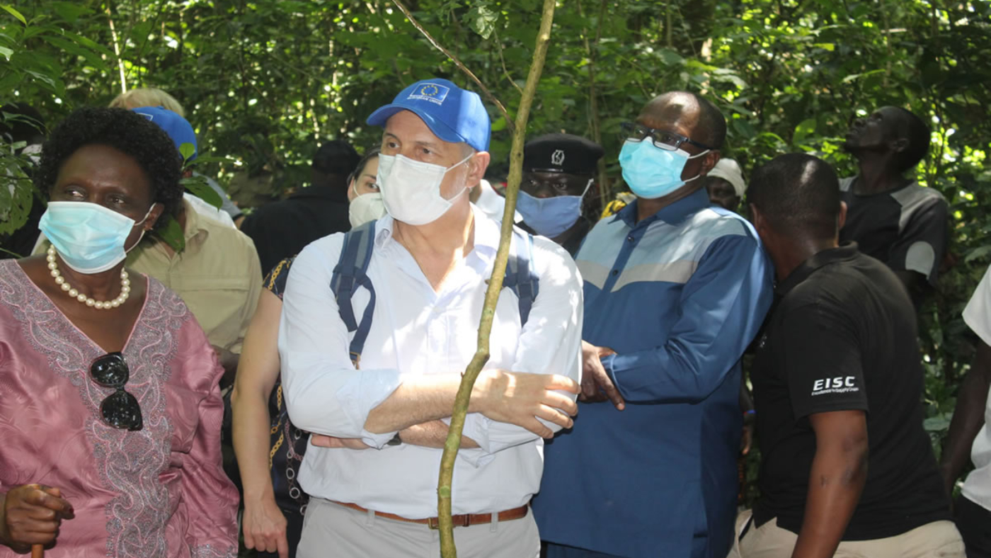 EU head of delegations to Uganda with minister of environment and Friends of Zoka members visit the depleting Zoka Forest